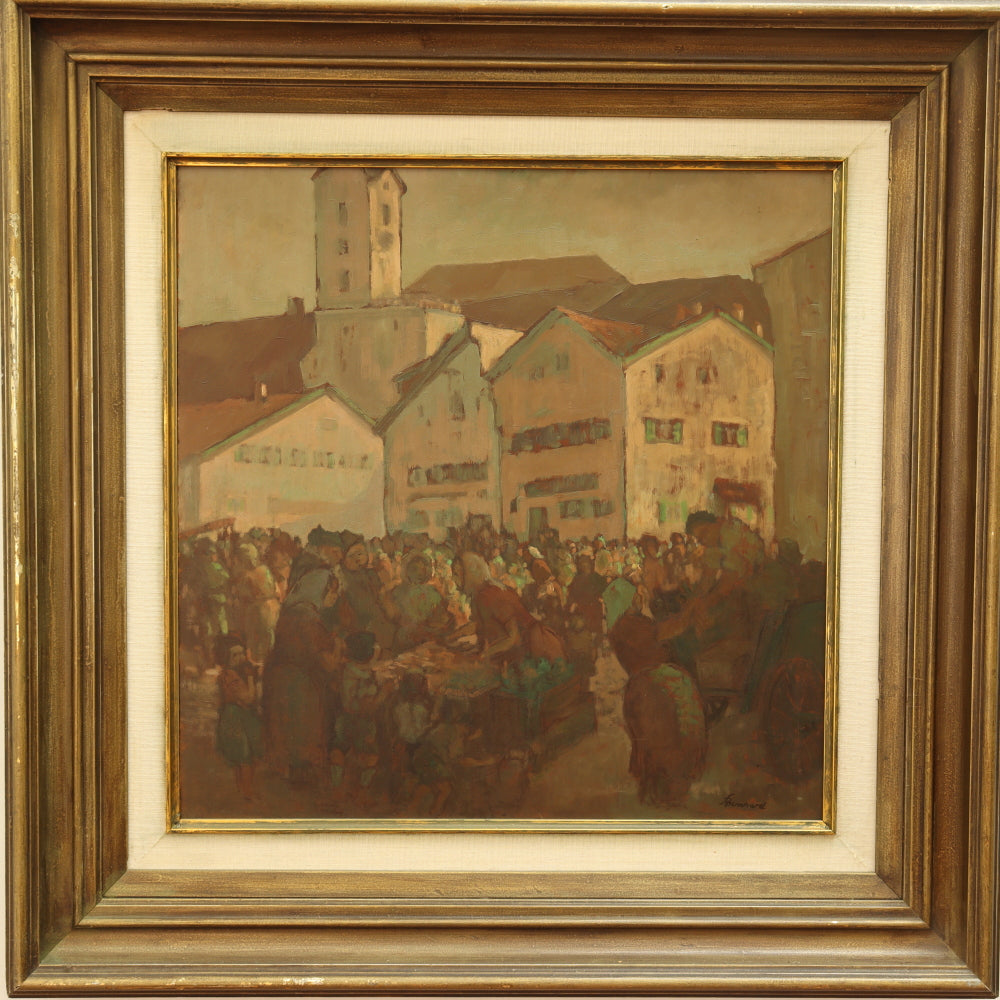 AW016: Fritz Bernhard Village Market Scene Oil on Masonite Panel