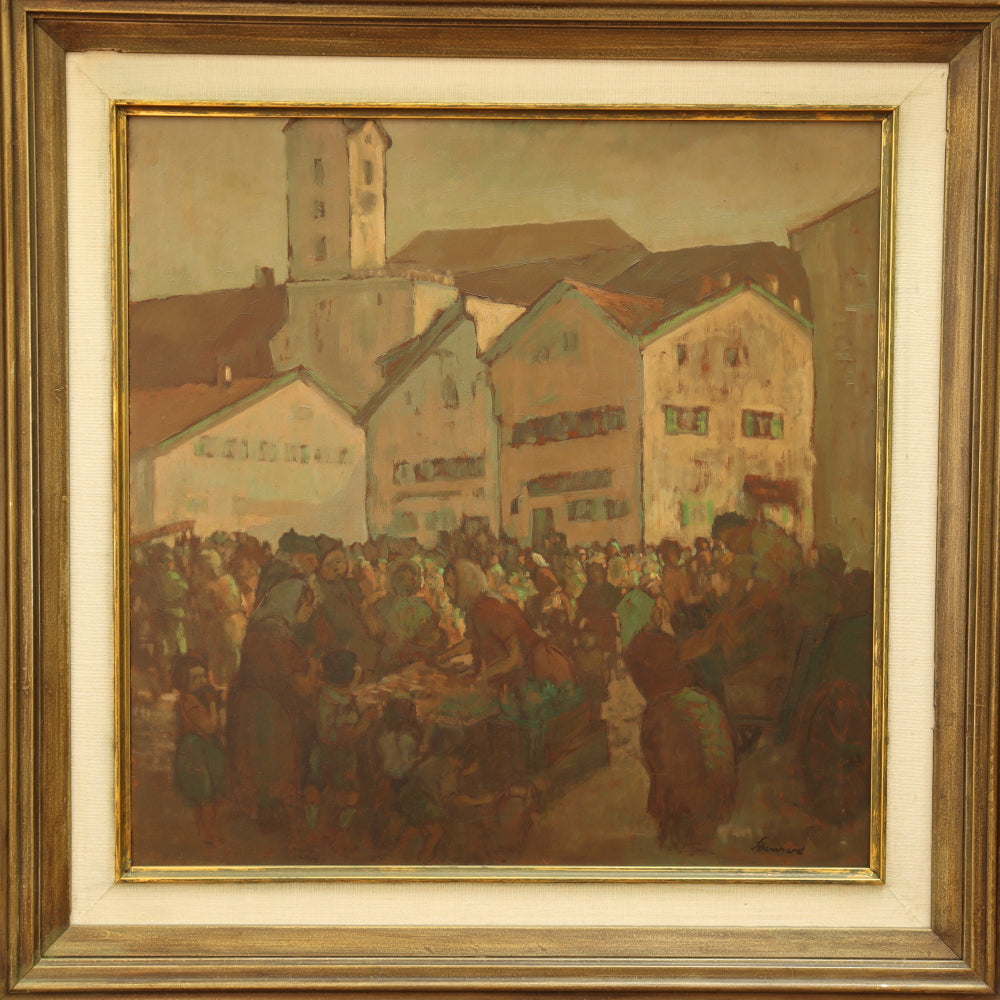 AW016: Fritz Bernhard Village Market Scene Oil on Masonite Panel