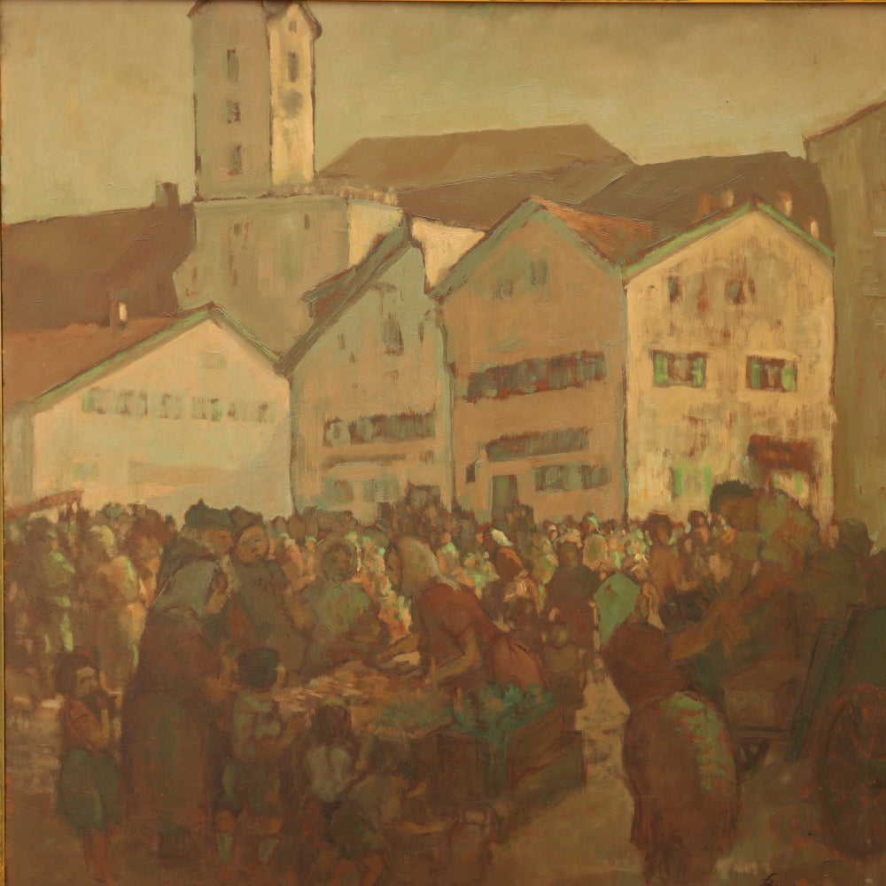 AW016: Fritz Bernhard Village Market Scene Oil on Masonite Panel