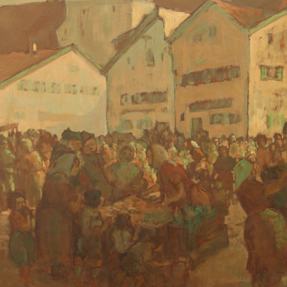 AW016: Fritz Bernhard Village Market Scene Oil on Masonite Panel