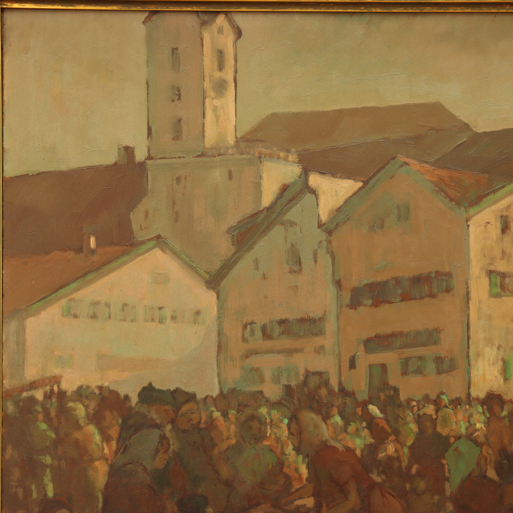 AW016: Fritz Bernhard Village Market Scene Oil on Masonite Panel