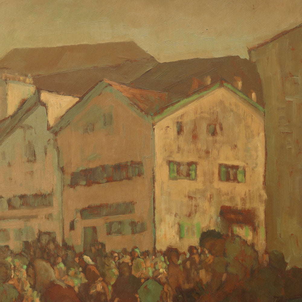 AW016: Fritz Bernhard Village Market Scene Oil on Masonite Panel