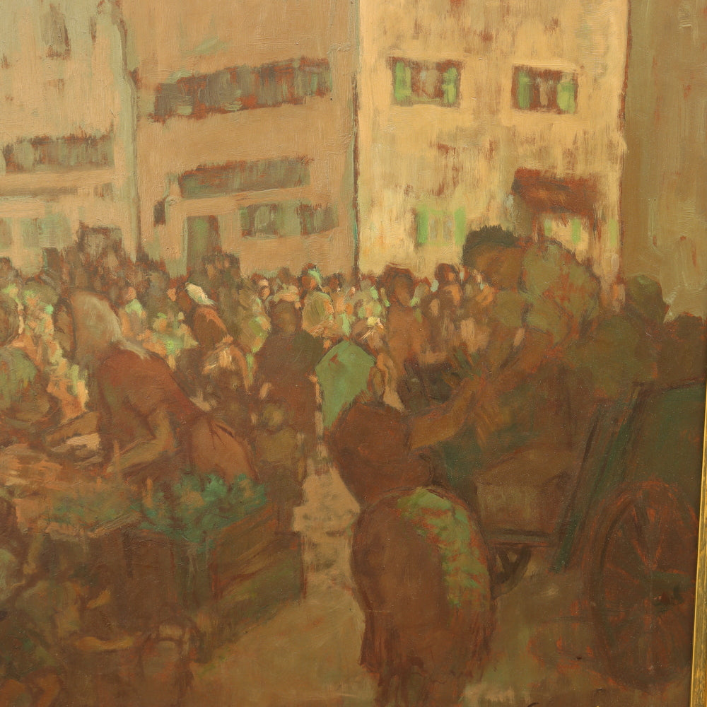 AW016: Fritz Bernhard Village Market Scene Oil on Masonite Panel