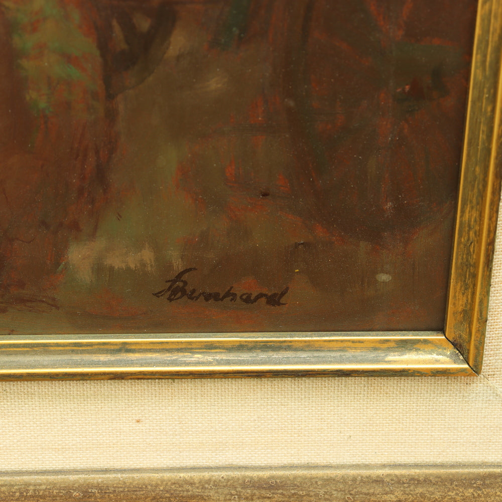 AW016: Fritz Bernhard Village Market Scene Oil on Masonite Panel