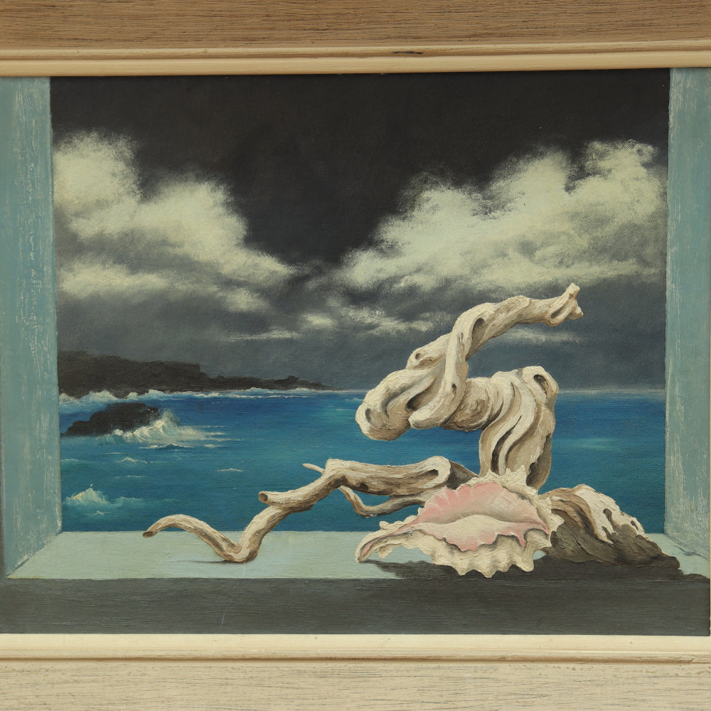 AW4-018: Mid Century Surrealist View Through Window To Sea Gouache on Artist Board