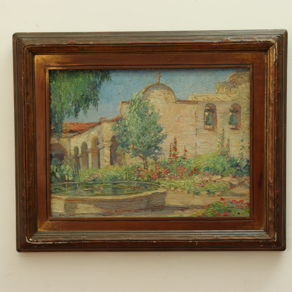 AW274: Lola MacDonald Sleeth "Old Mission Garden Capistrano" Oil on Board Circa 1923