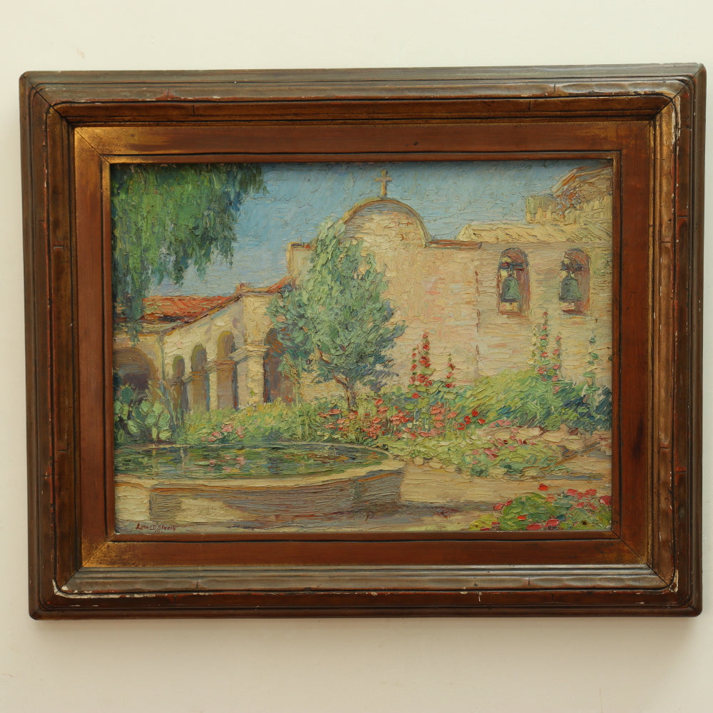 AW274: Lola MacDonald Sleeth "Old Mission Garden Capistrano" Oil on Board Circa 1923