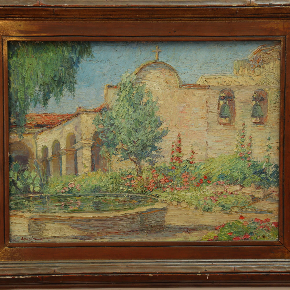 AW274: Lola MacDonald Sleeth "Old Mission Garden Capistrano" Oil on Board Circa 1923