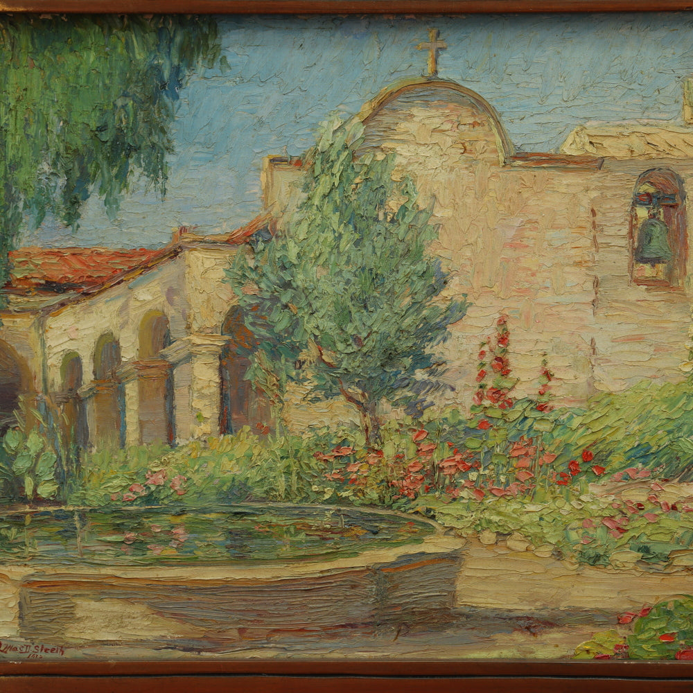 AW274: Lola MacDonald Sleeth "Old Mission Garden Capistrano" Oil on Board Circa 1923