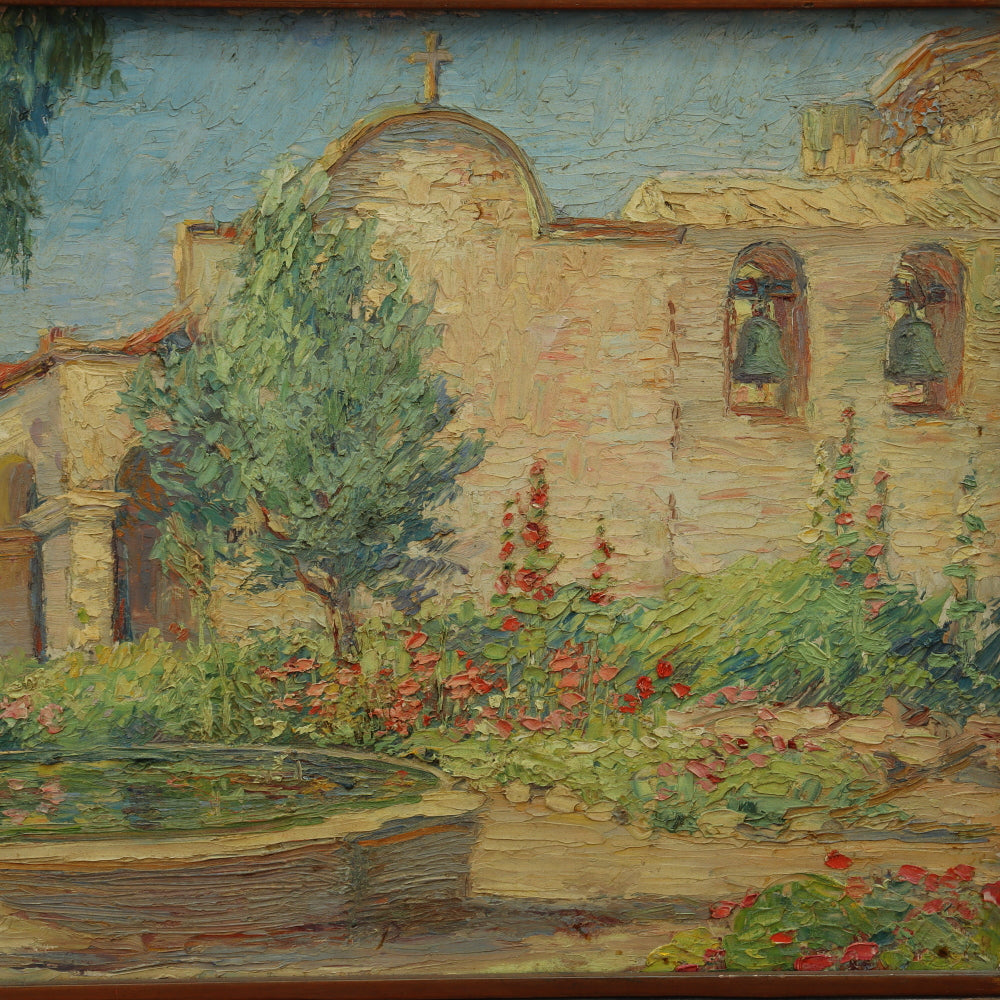 AW274: Lola MacDonald Sleeth "Old Mission Garden Capistrano" Oil on Board Circa 1923