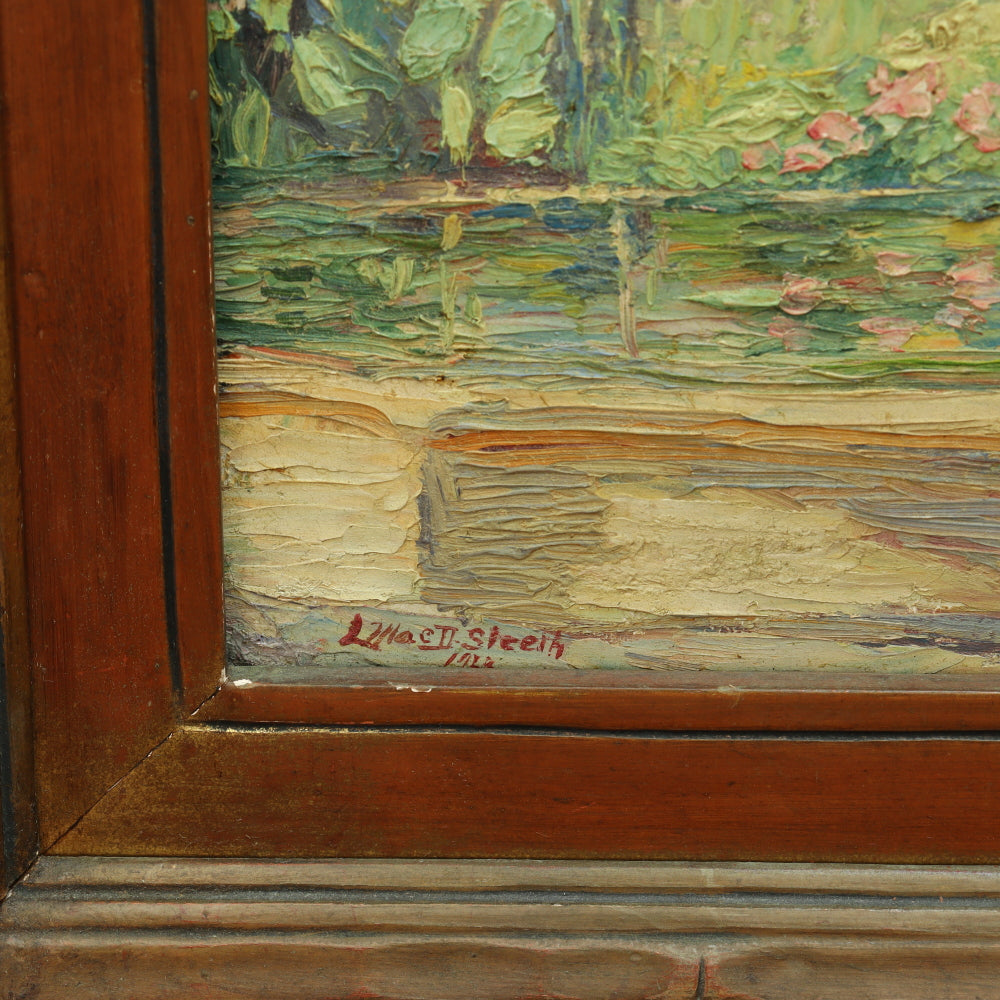 AW274: Lola MacDonald Sleeth "Old Mission Garden Capistrano" Oil on Board Circa 1923