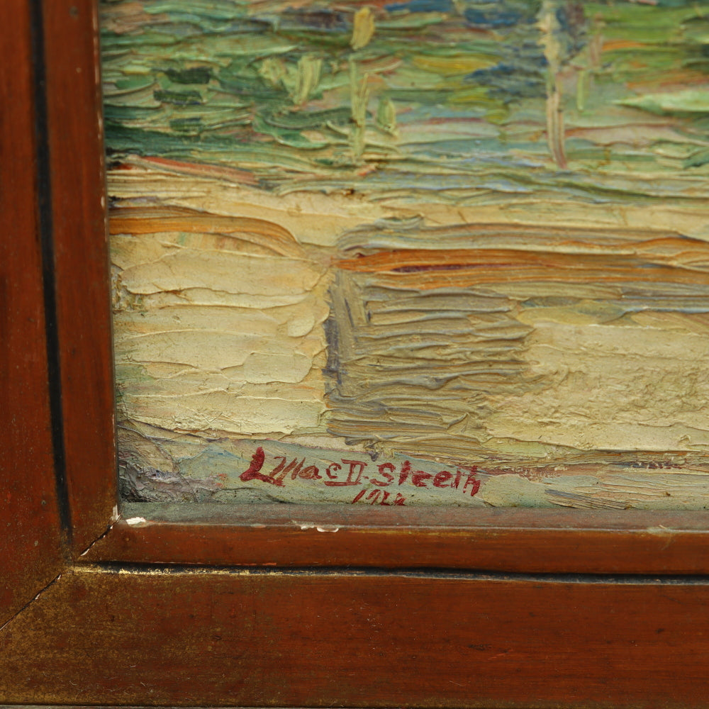 AW274: Lola MacDonald Sleeth "Old Mission Garden Capistrano" Oil on Board Circa 1923