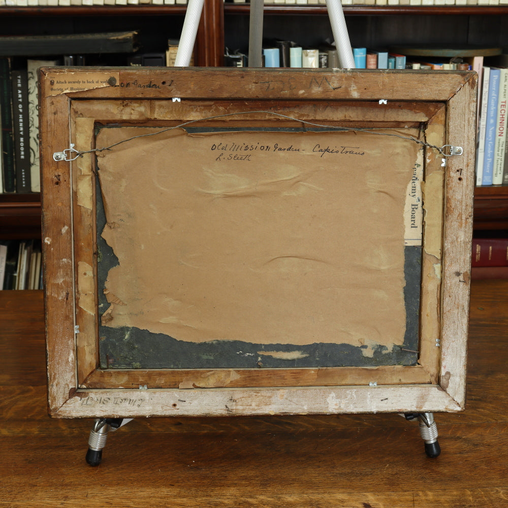 AW274: Lola MacDonald Sleeth "Old Mission Garden Capistrano" Oil on Board Circa 1923