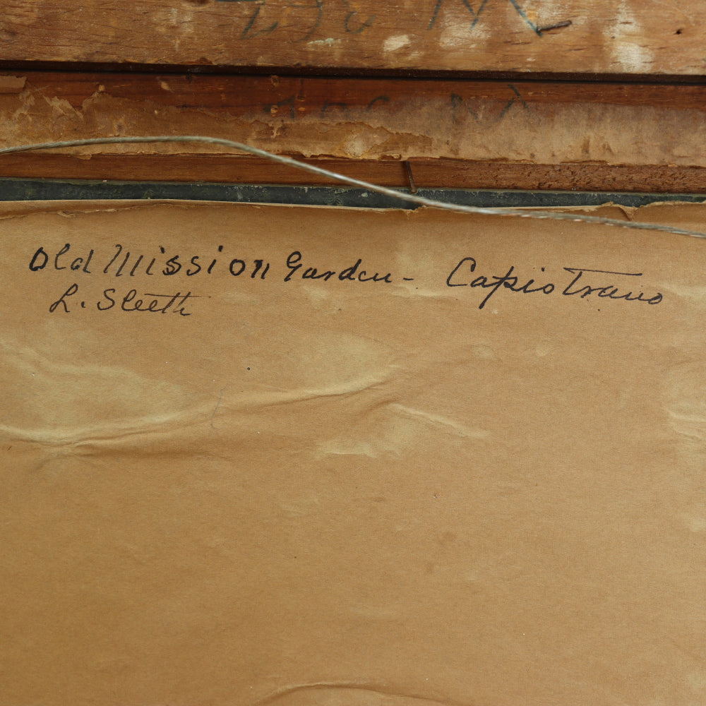 AW274: Lola MacDonald Sleeth "Old Mission Garden Capistrano" Oil on Board Circa 1923