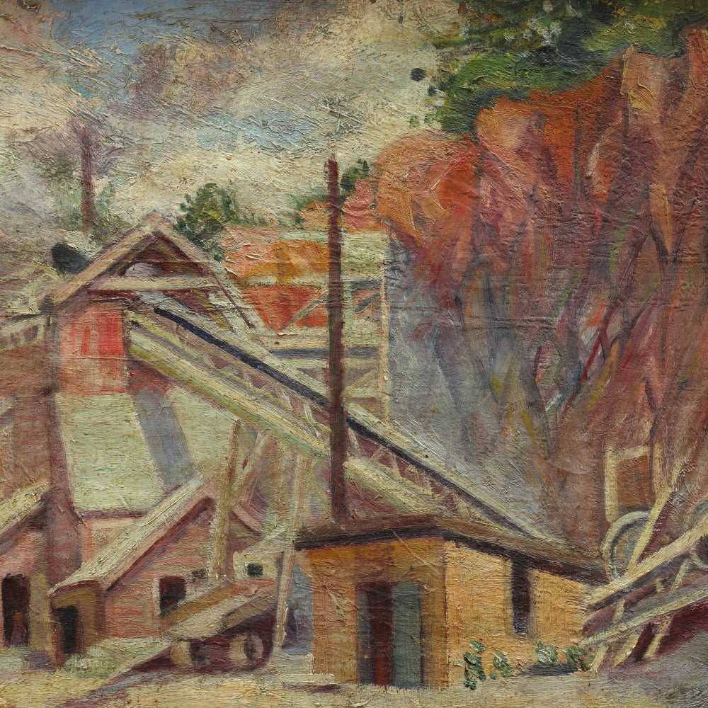 AW003: Frank C Herbst Rural 1930's Industrial Scene WPA Oil on Canvas