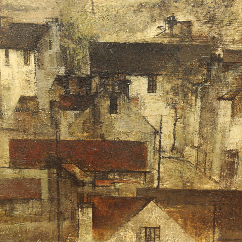 AW813: Abstract European Village Landscape Painting Signed Taylor