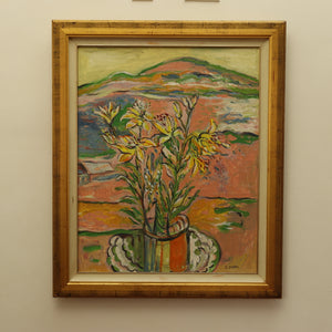 AW823: Judith Sobel Still Life With Mountain View Oil on Canvas Painting