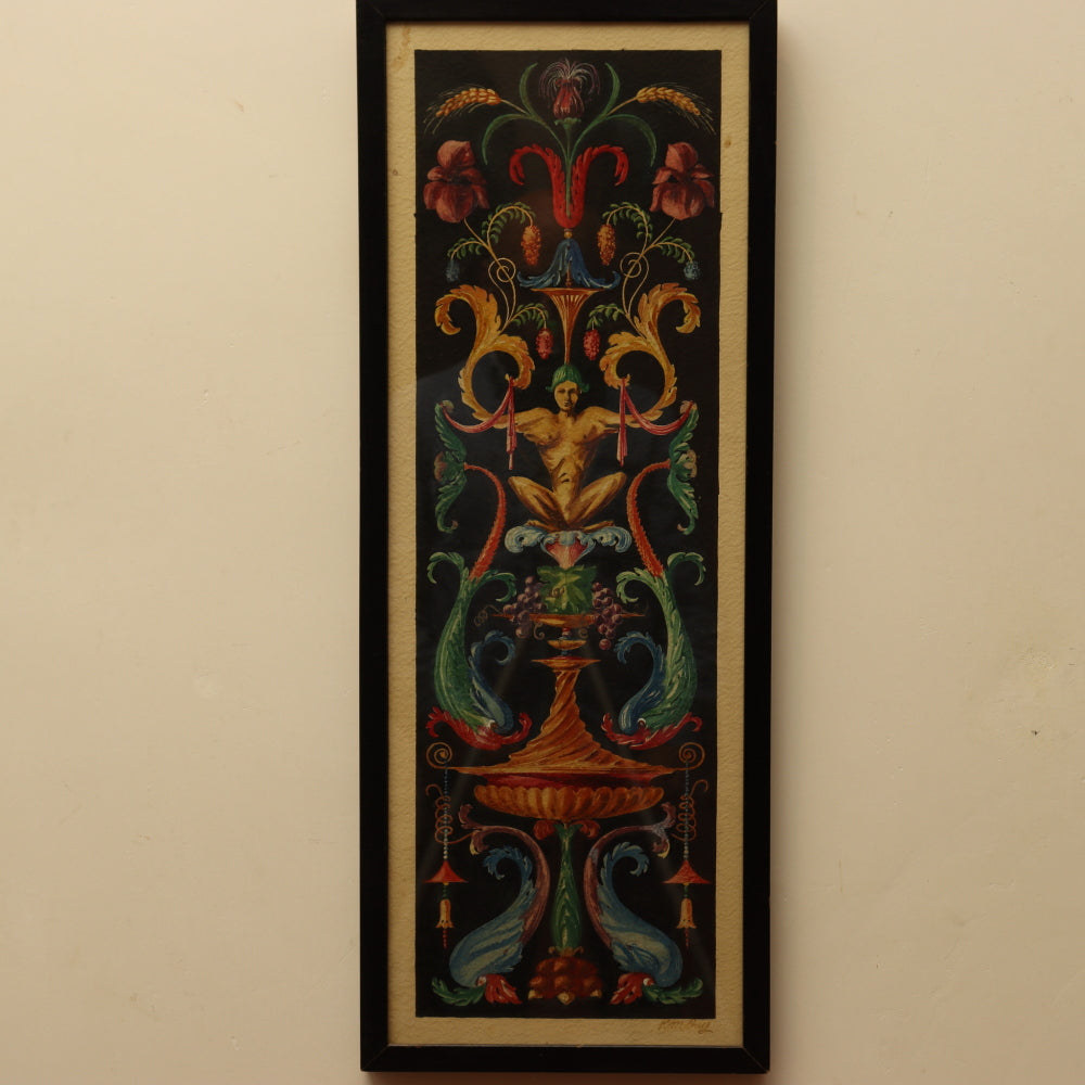 AW3-015: Neoclassical Pompeian Ornament Watercolor Signed R. Mobay
