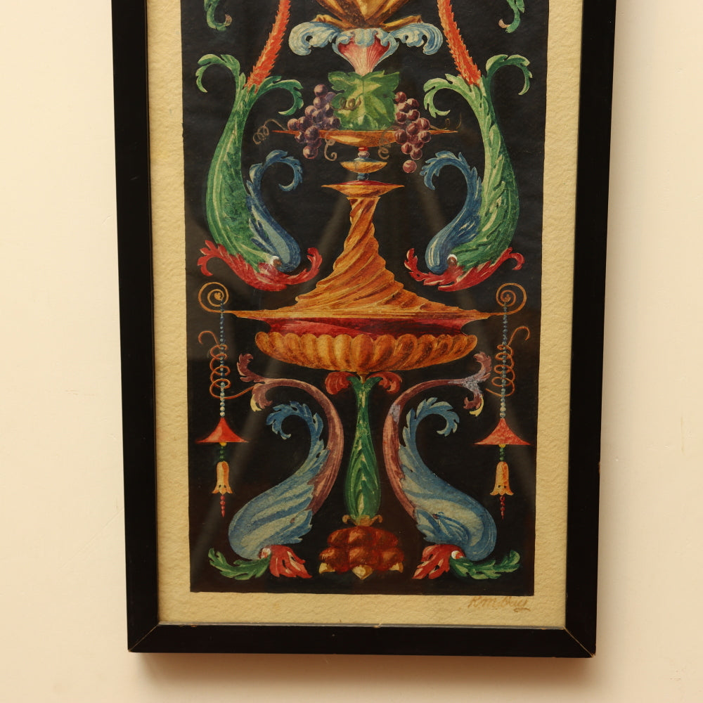 AW3-015: Neoclassical Pompeian Ornament Watercolor Signed R. Mobay