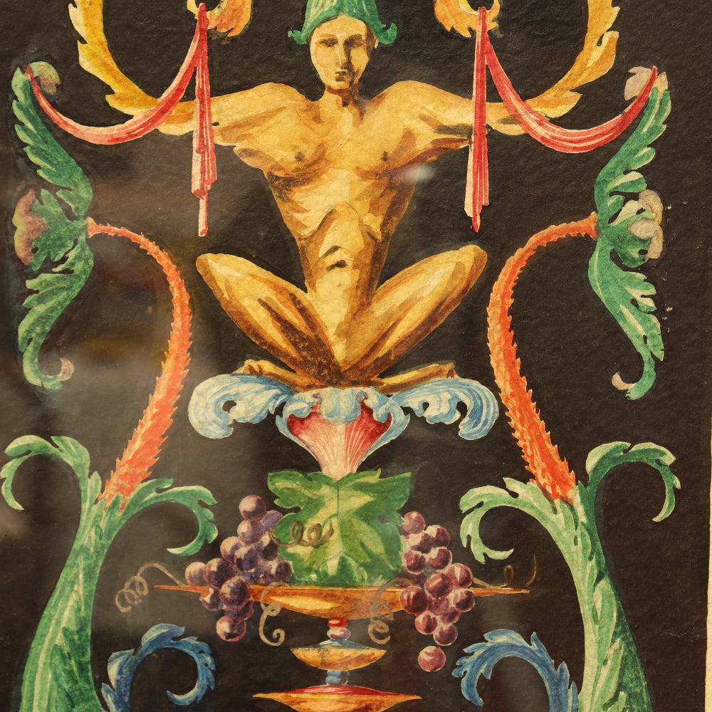 AW3-015: Neoclassical Pompeian Ornament Watercolor Signed R. Mobay