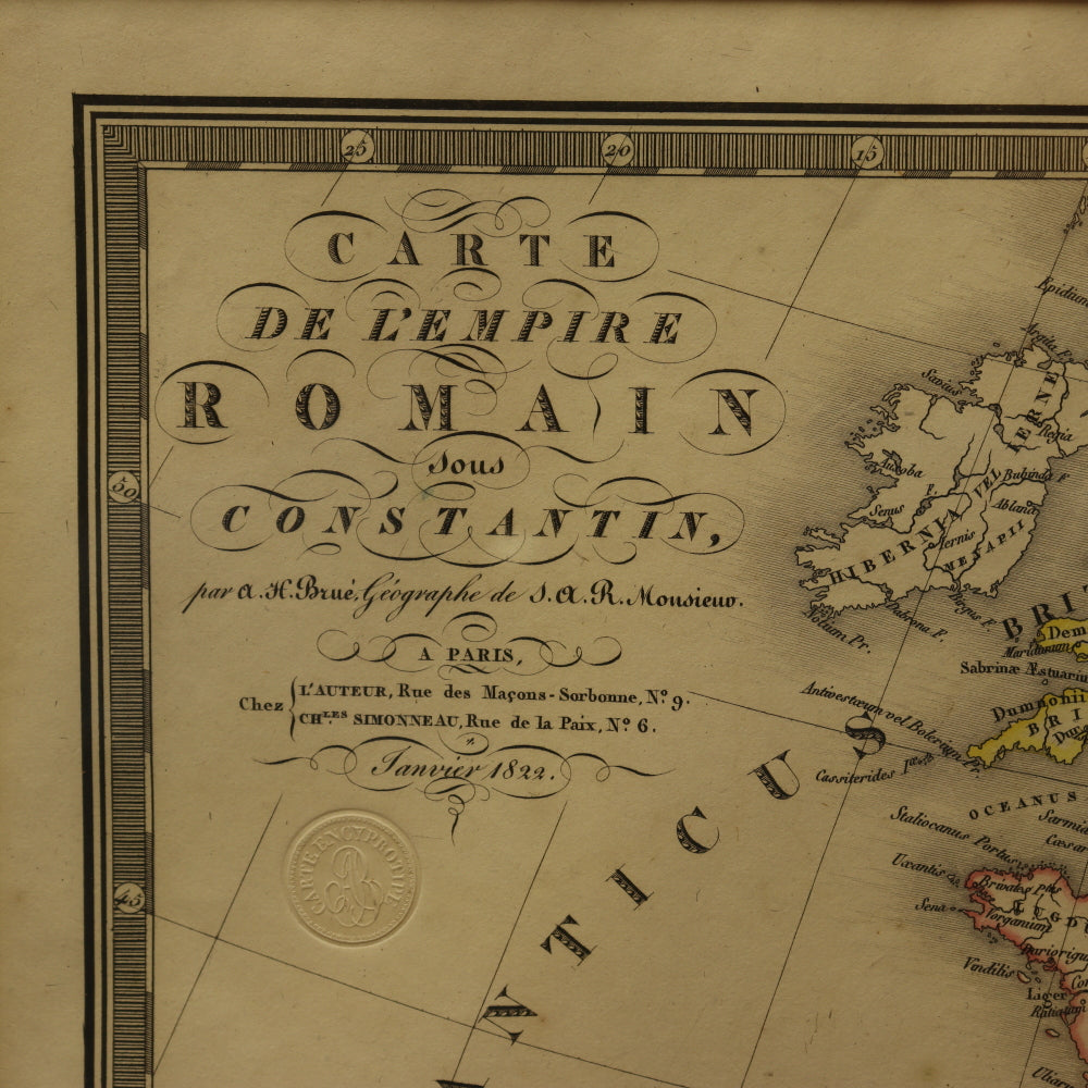 AW7-029: Original 1822 Colored Etching Map of the Roman Empire Under Constantine by A.H. Brue, Geographer