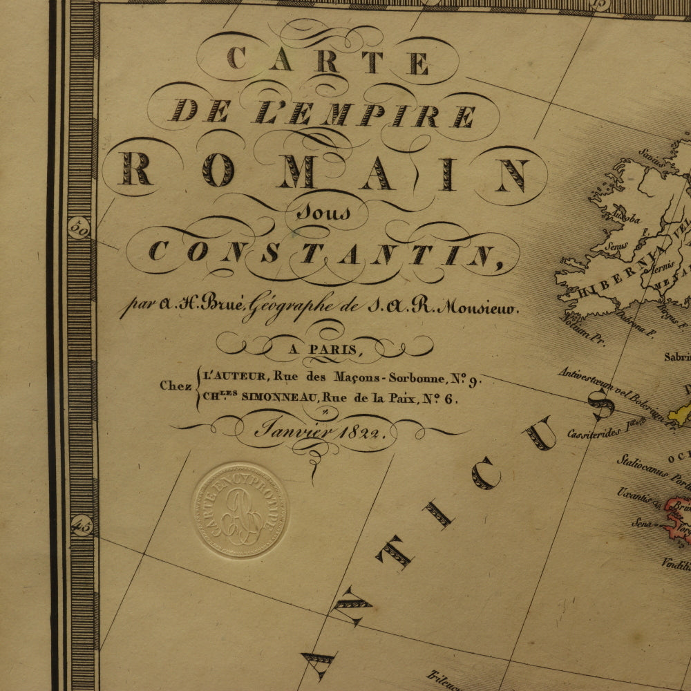 AW7-029: Original 1822 Colored Etching Map of the Roman Empire Under Constantine by A.H. Brue, Geographer