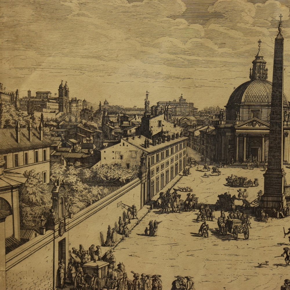AW7-018: Antique 1692 Etching La Piazza del Popolo G. Wouters / Domenico de' Rossi