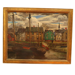 AW818: George Macrum New England Fishing Port Oil on Board Painting WPA