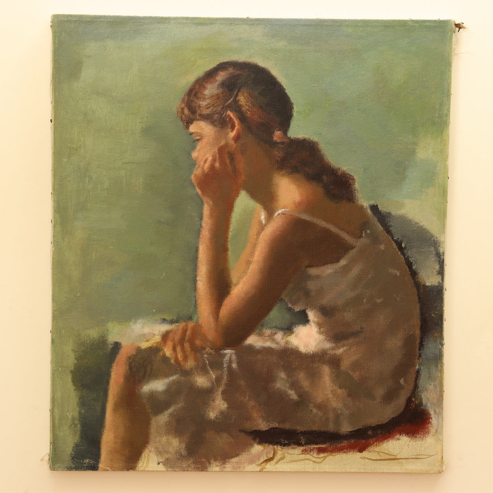 AW444: 1940's WPA Impressionist Portrait of a Young Girl  Oil on Canvas Painting
