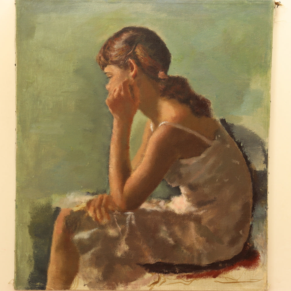 AW444: 1940's WPA Impressionist Portrait of a Young Girl  Oil on Canvas Painting