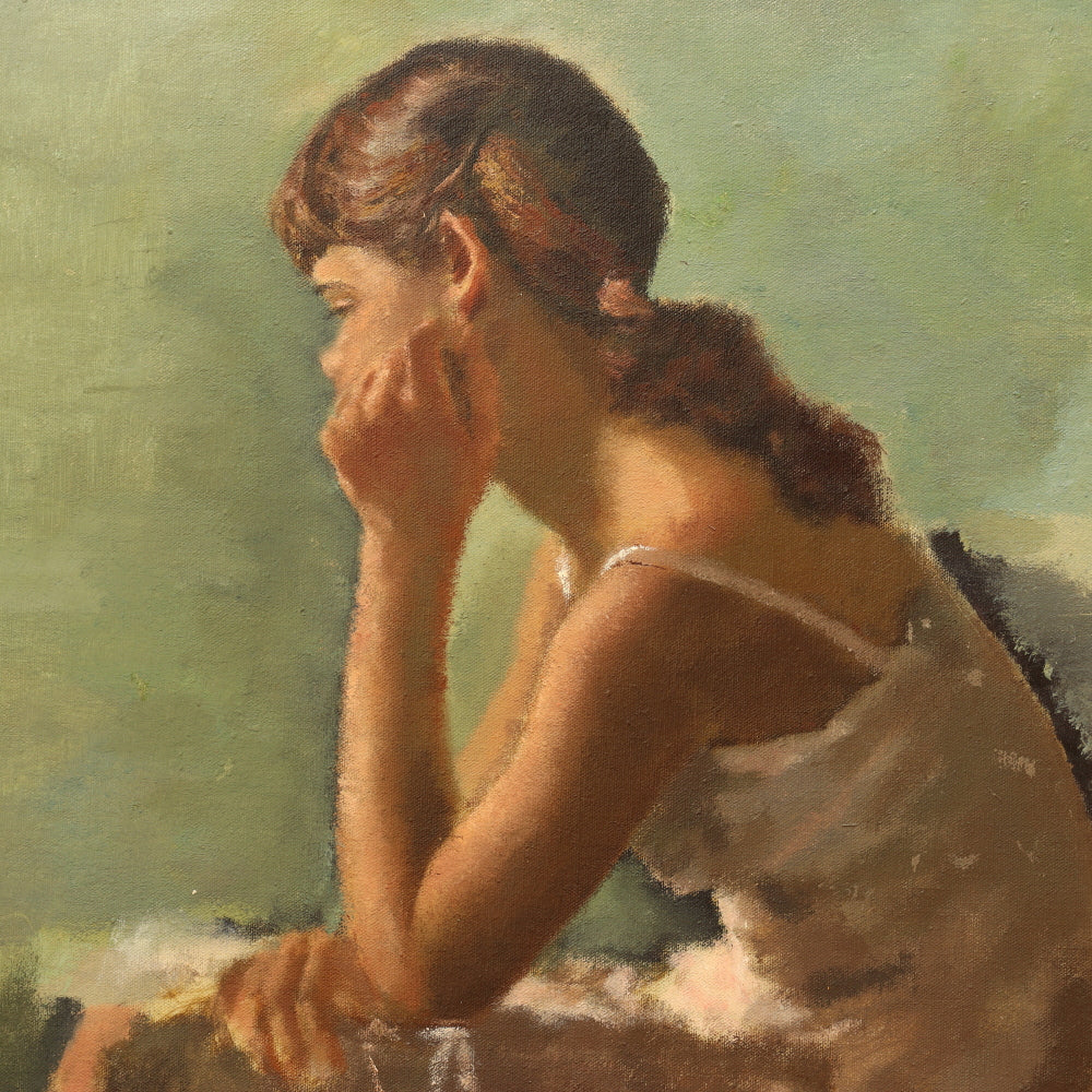 AW444: 1940's WPA Impressionist Portrait of a Young Girl  Oil on Canvas Painting