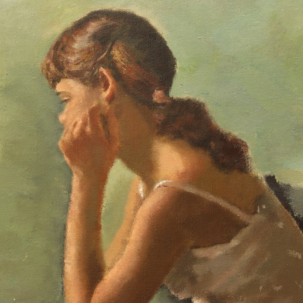 AW444: 1940's WPA Impressionist Portrait of a Young Girl  Oil on Canvas Painting