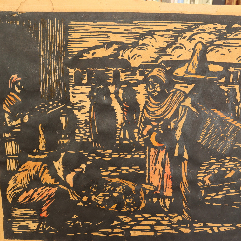 AW10-398: Prescott Chaplin Woodcut Woodblock Print "The Market Place"