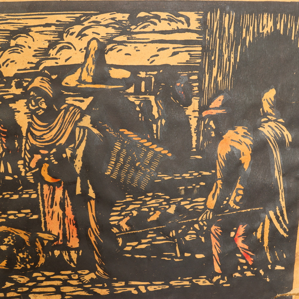 AW10-398: Prescott Chaplin Woodcut Woodblock Print "The Market Place"