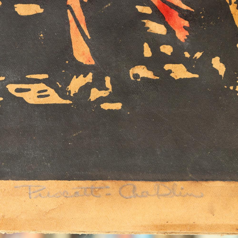 AW10-398: Prescott Chaplin Woodcut Woodblock Print "The Market Place"