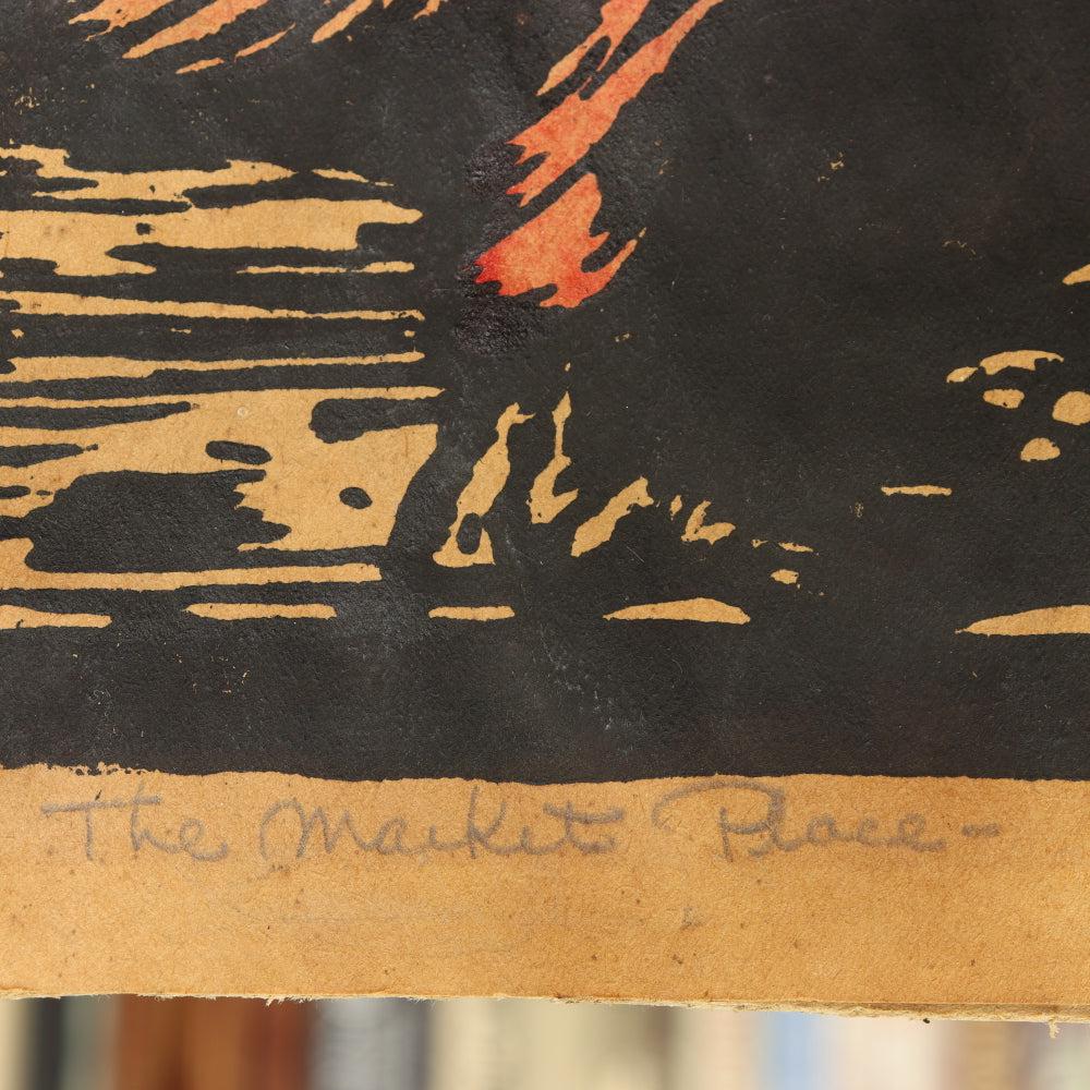 AW10-398: Prescott Chaplin Woodcut Woodblock Print "The Market Place"