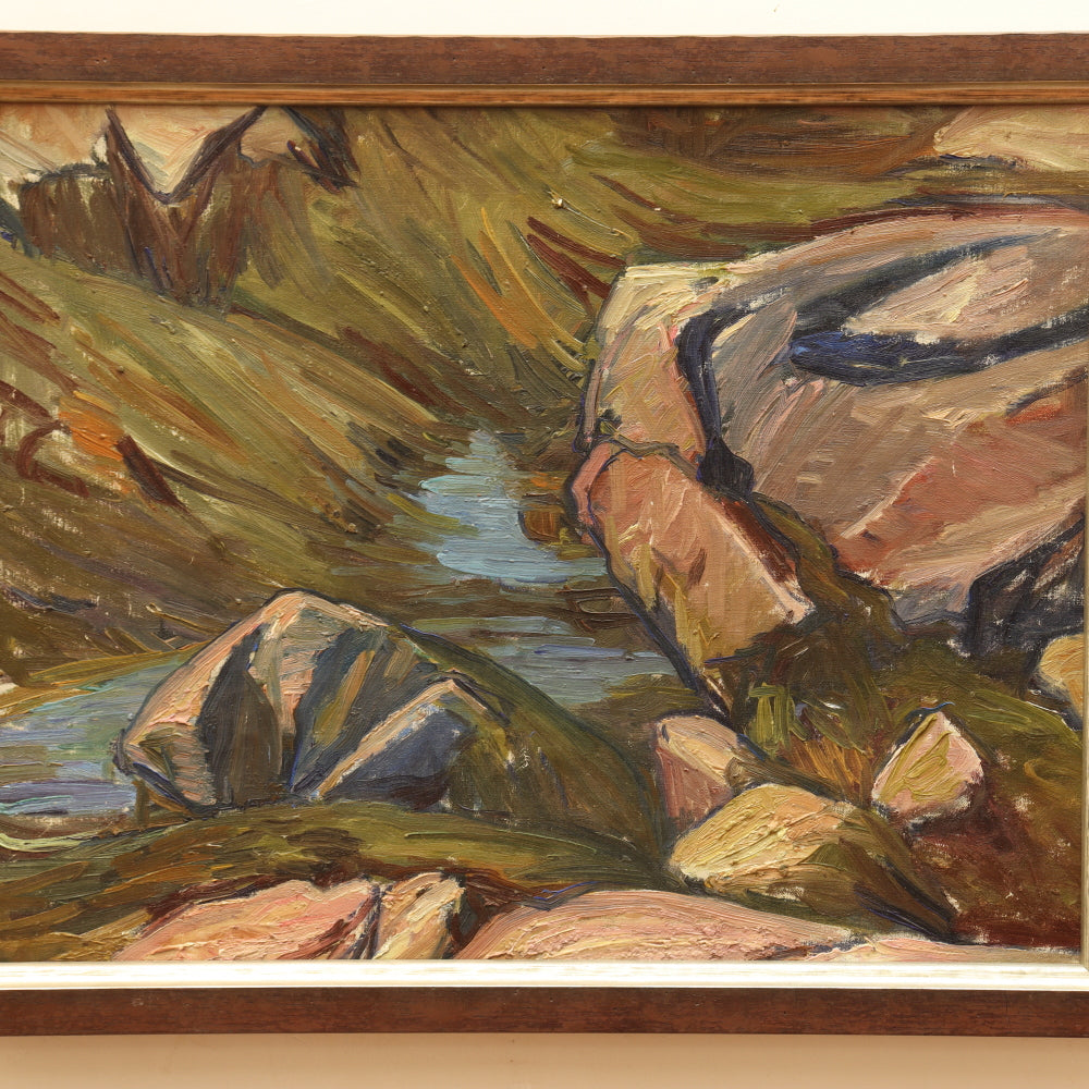 AW836: Agnes Richmond Modernist Oil on Canvas Painting "Gloucester Inlet With Rocks" Circa 1940