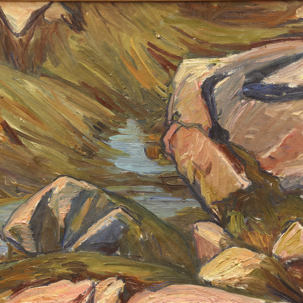 AW836: Agnes Richmond Modernist Oil on Canvas Painting "Gloucester Inlet With Rocks" Circa 1940