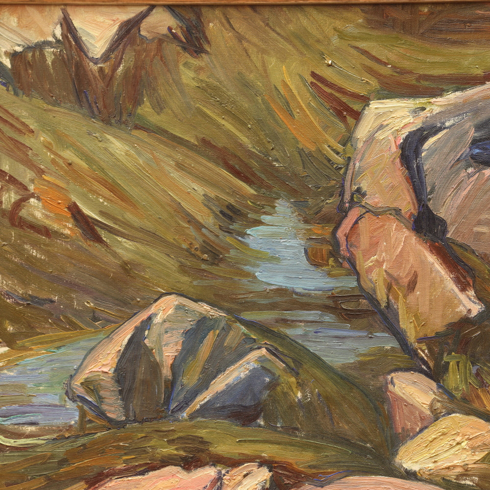 AW836: Agnes Richmond Modernist Oil on Canvas Painting "Gloucester Inlet With Rocks" Circa 1940