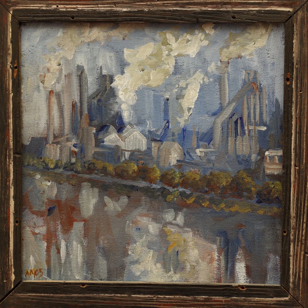 AW364: American School Riverside Industrial Zone Oil on Canvas Circa 1970's Signed AMOS