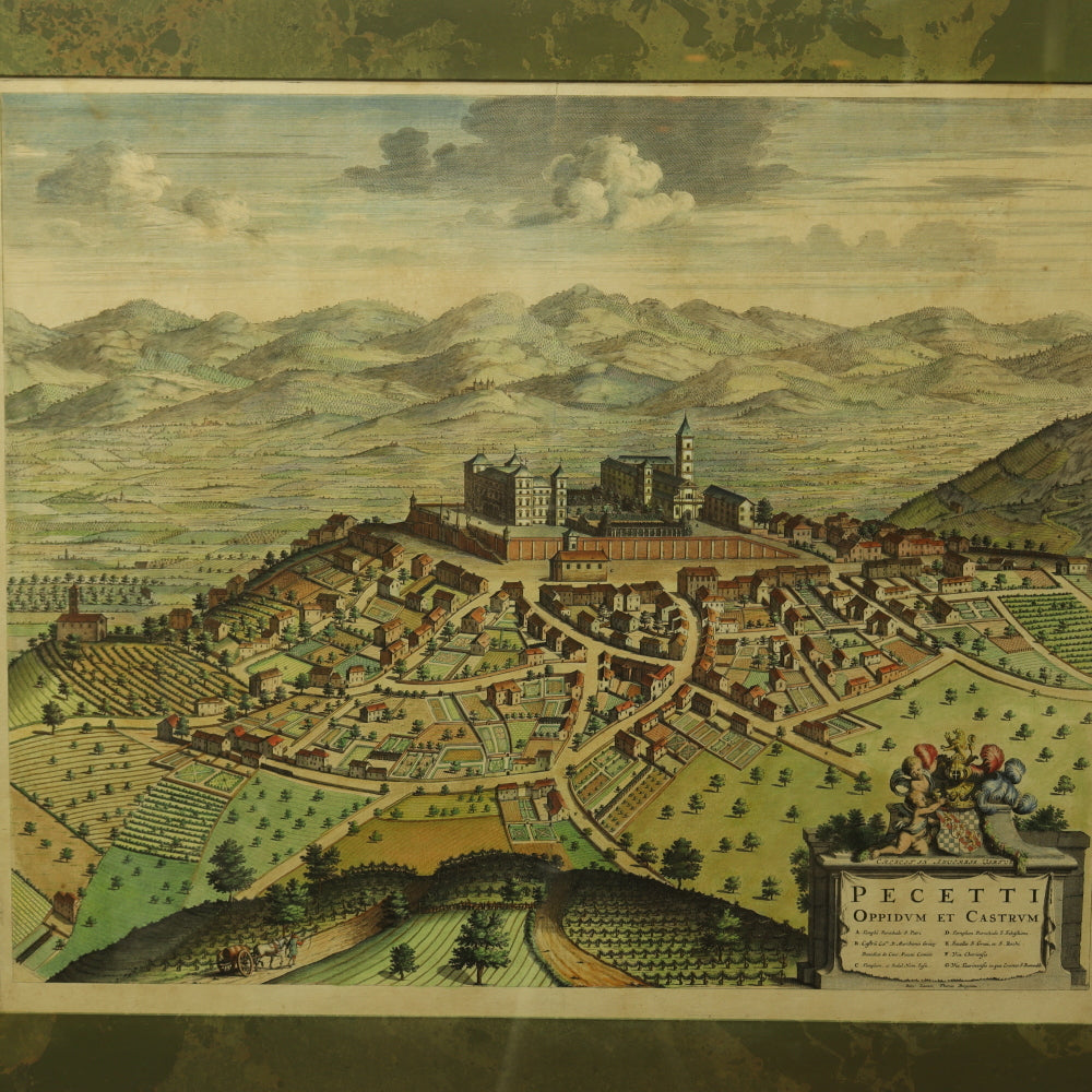 AW7-070: Antique 17th Century Colored Engraving of Pecetti Oppidvm Et Castrvm  by Giovanni Tommasco Borgonio (1620 - 1683)