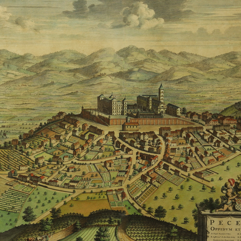 AW7-070: Antique 17th Century Colored Engraving of Pecetti Oppidvm Et Castrvm  by Giovanni Tommasco Borgonio (1620 - 1683)