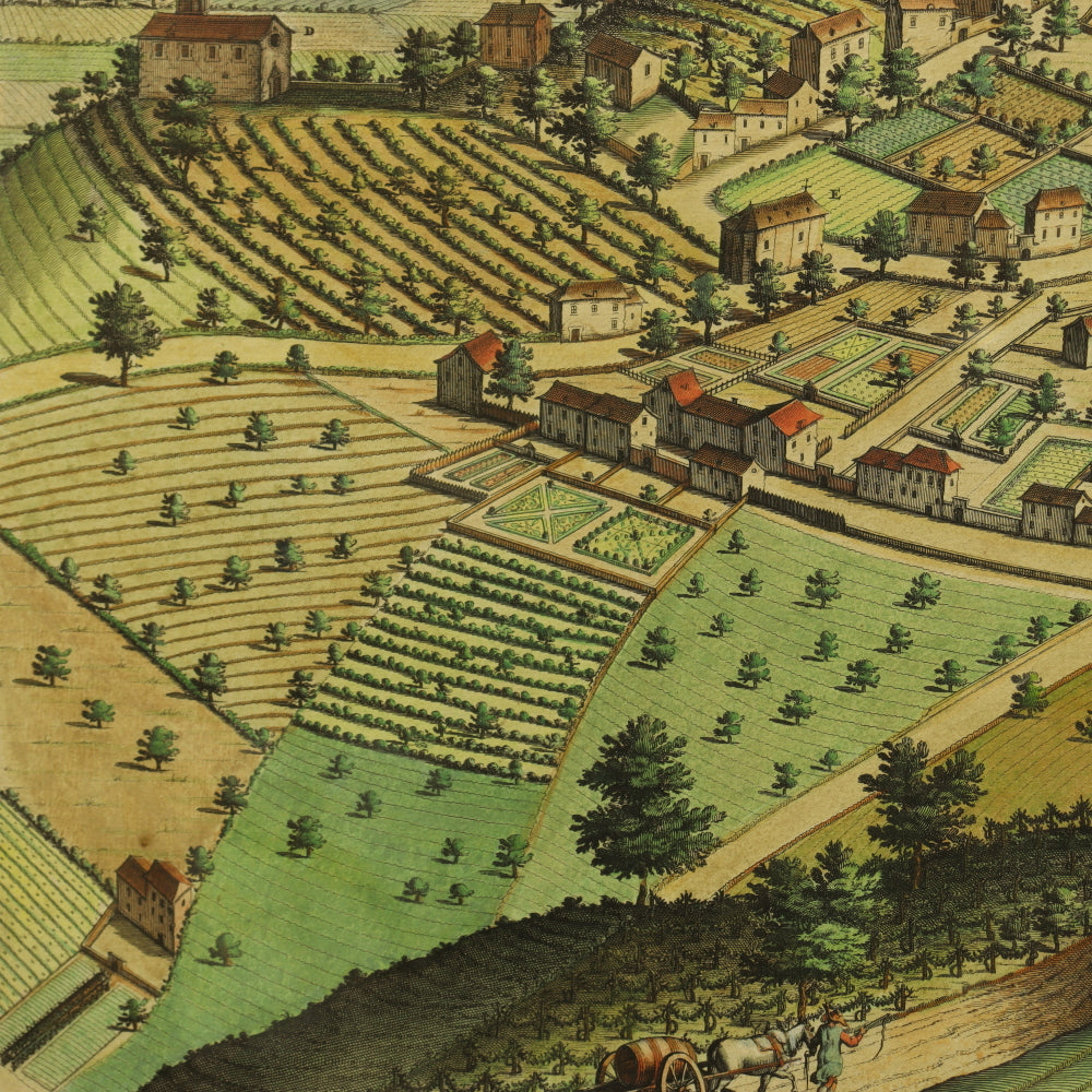 AW7-070: Antique 17th Century Colored Engraving of Pecetti Oppidvm Et Castrvm  by Giovanni Tommasco Borgonio (1620 - 1683)