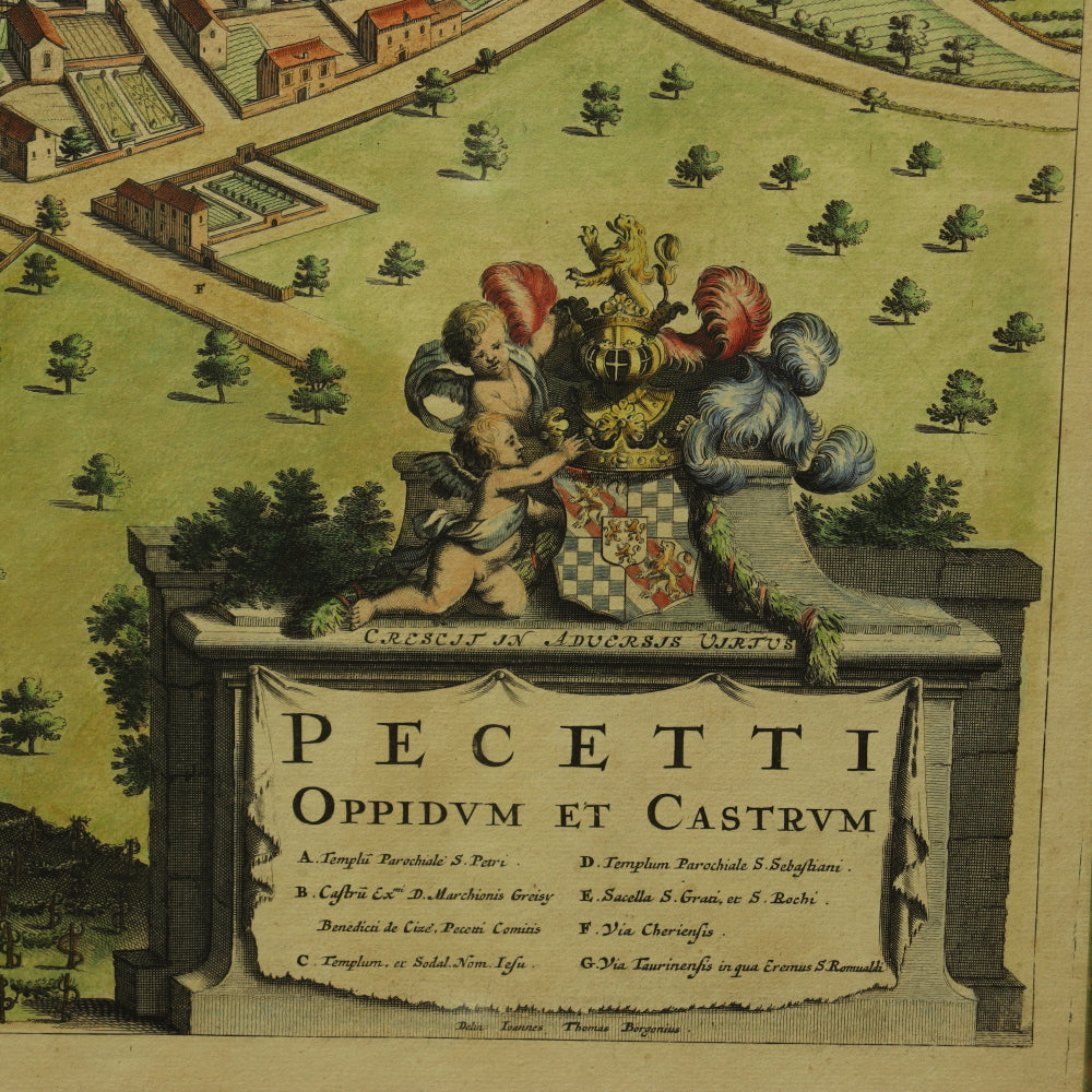 AW7-070: Antique 17th Century Colored Engraving of Pecetti Oppidvm Et Castrvm  by Giovanni Tommasco Borgonio (1620 - 1683)