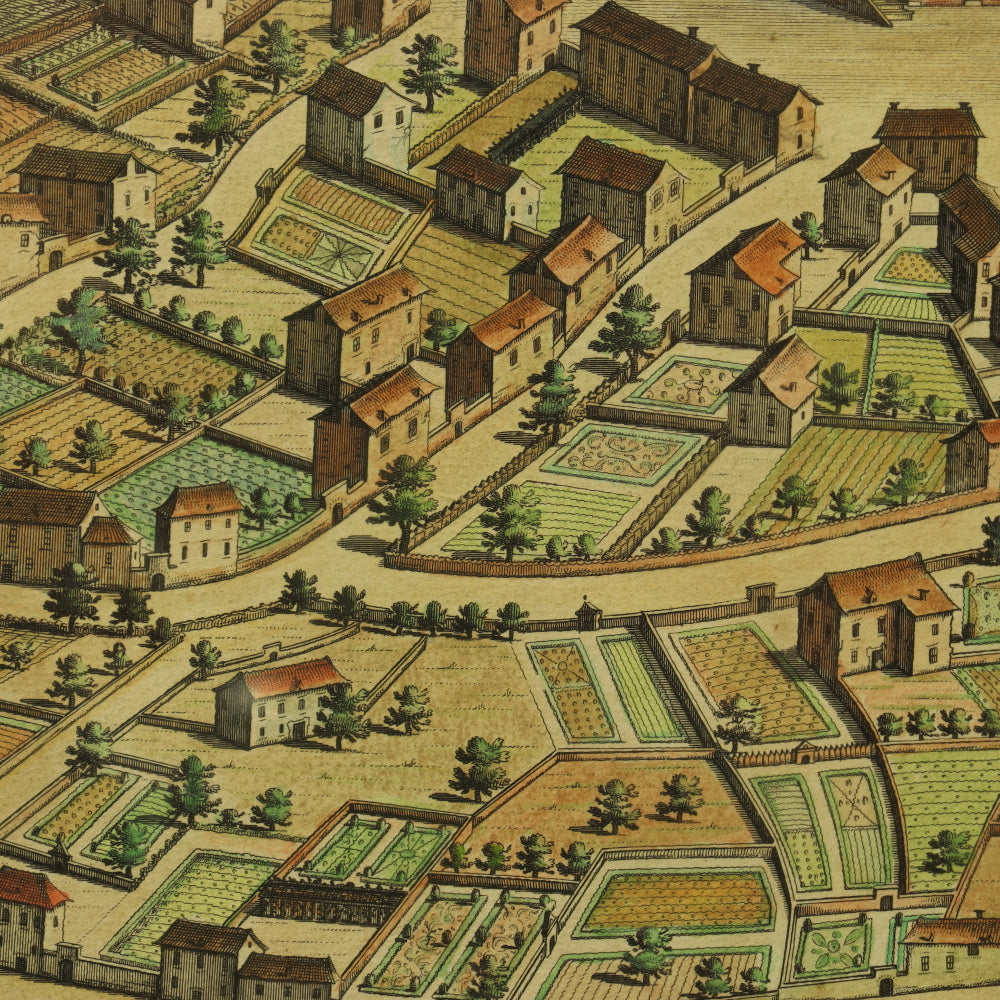 AW7-070: Antique 17th Century Colored Engraving of Pecetti Oppidvm Et Castrvm  by Giovanni Tommasco Borgonio (1620 - 1683)