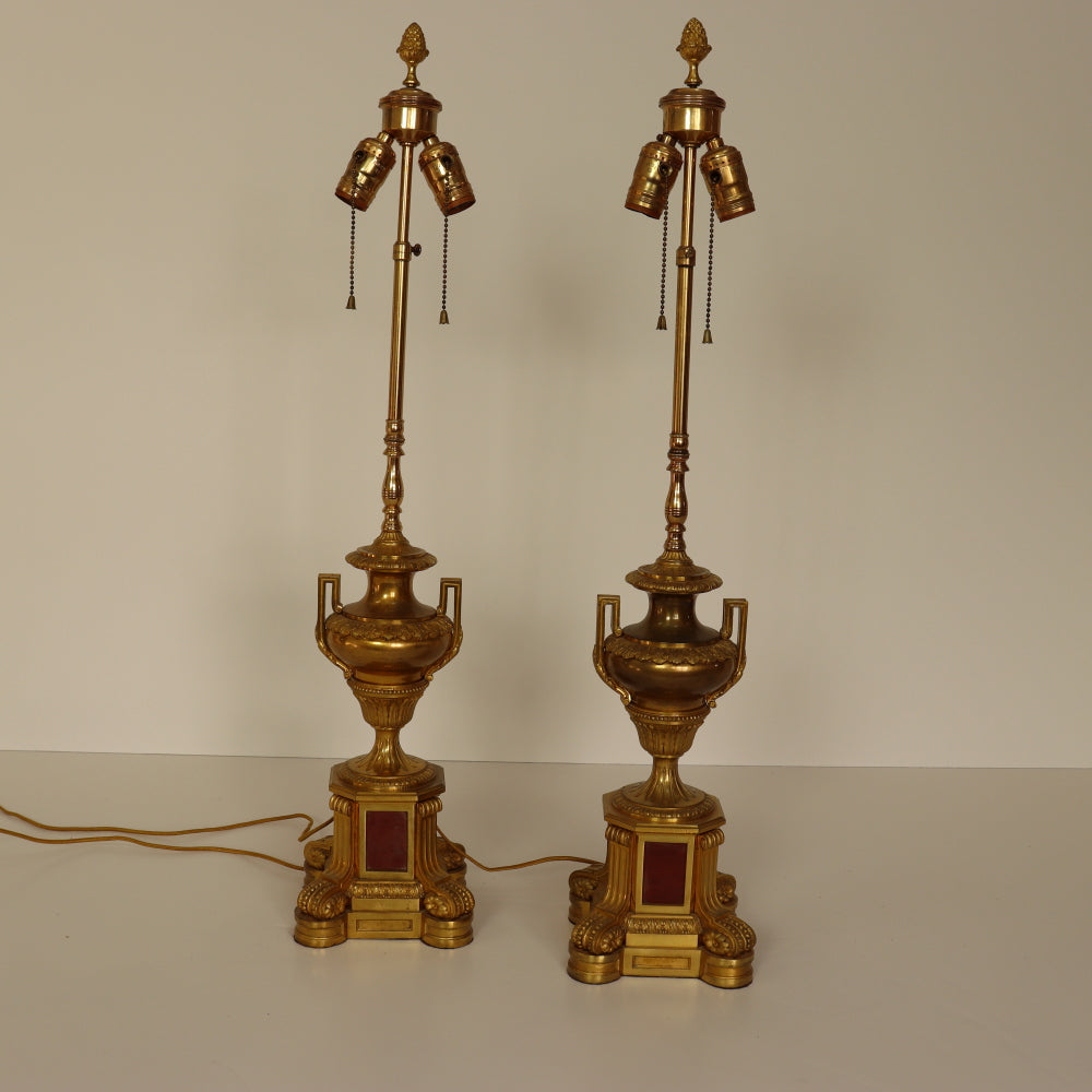 AL2-002: Pair of Early 20th Century French Gilt Bronze Ormolu Mounted Urn Form Lamps