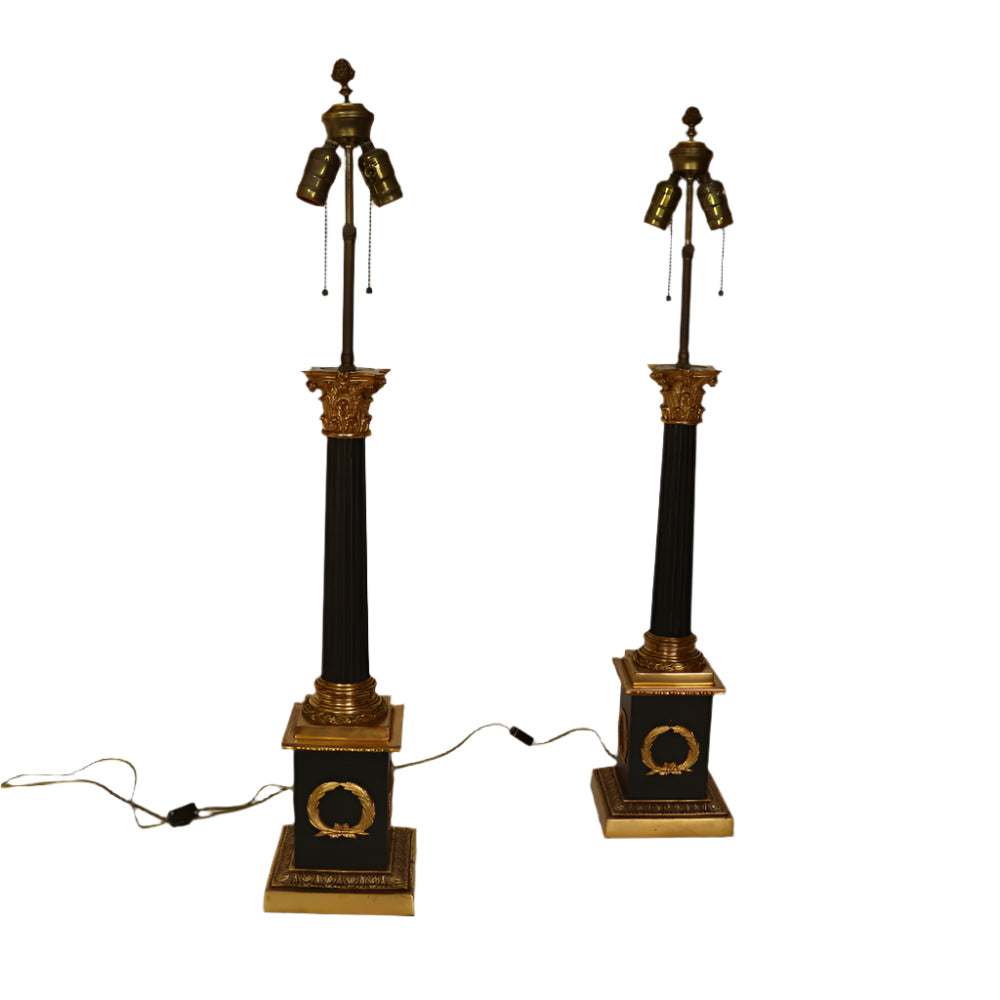 Pair of Circa 1940's Gilt Bronze Corinthian Columnar Lamps | Work of Man