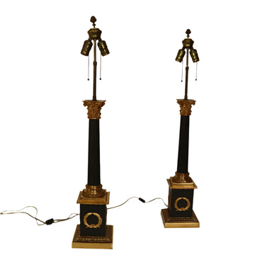 Pair of Circa 1940's Gilt Bronze Corinthian Columnar Lamps | Work of Man