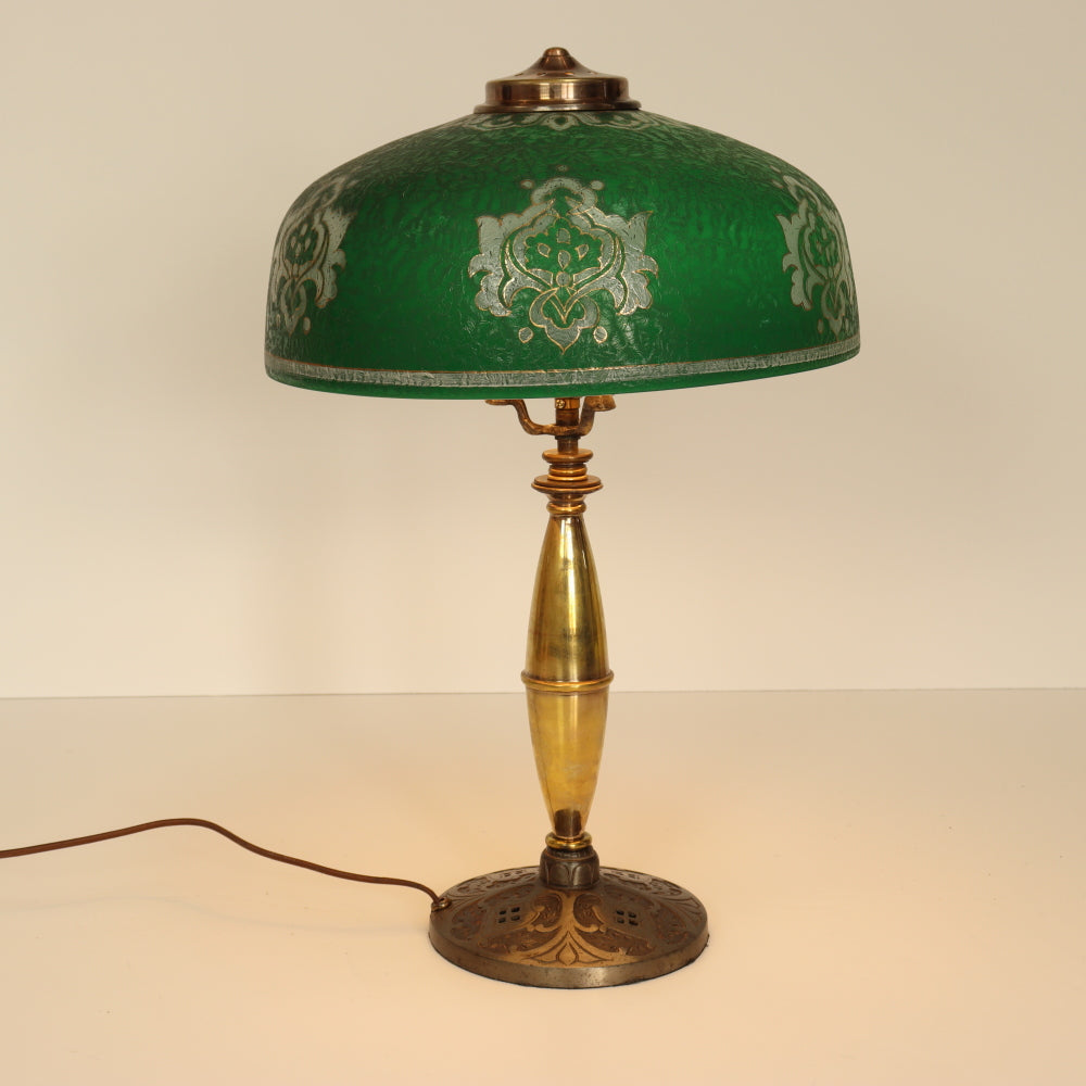 Circa 1920 Pittsburgh Table Lamp With Cased Green Chipped Ice Shade | Work of Man