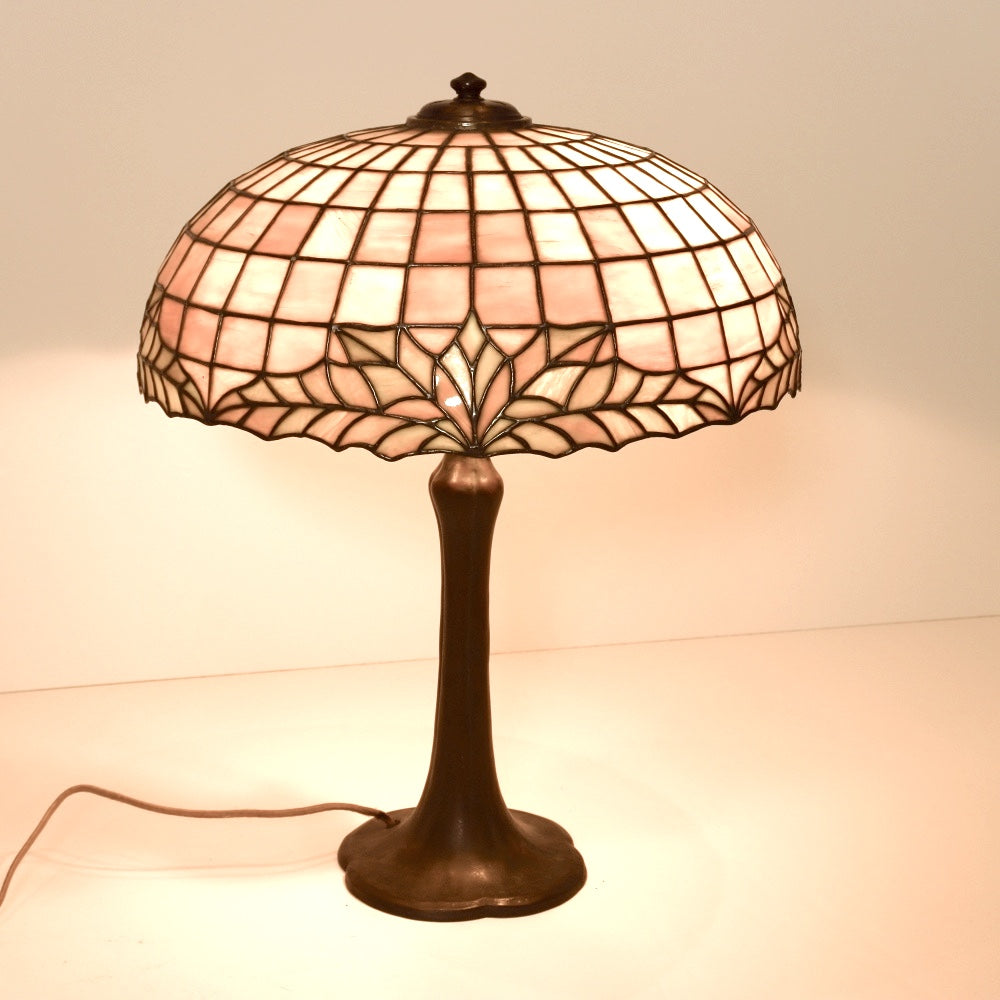 AL2-045: Antique Handel & Duffner & Kimberly Arts & Crafts Bronze Leaded Glass Shade Lamp